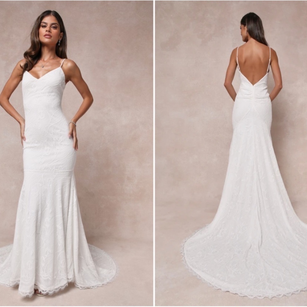 Lulu's White Lace V-Neck Spaghetti Strap Mermaid Gown